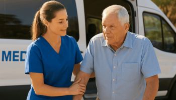 Nurse helping an elderly man out of a medical transportation vehicle in Galveston, TX